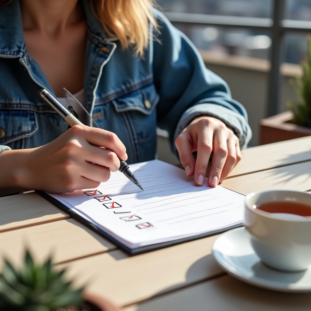 Žena na terase prochází checklist s poznámkami k domácímu prostředí