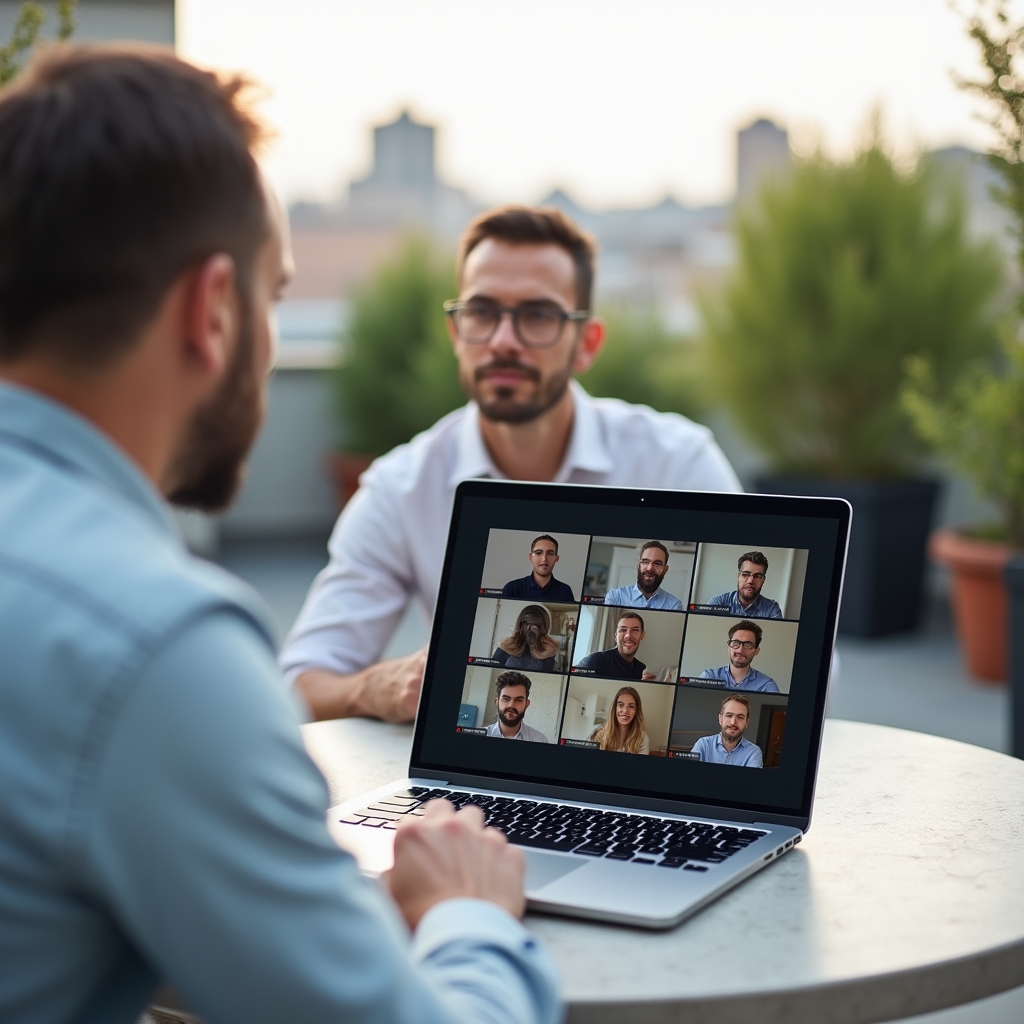 Notebook s otevřeným online webinářem na stole na střešní terase